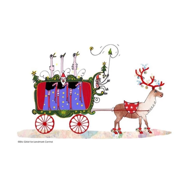 Festive holiday illustration of reindeer pulling a cart with ostriches dressed as Santa and elves on a white background.