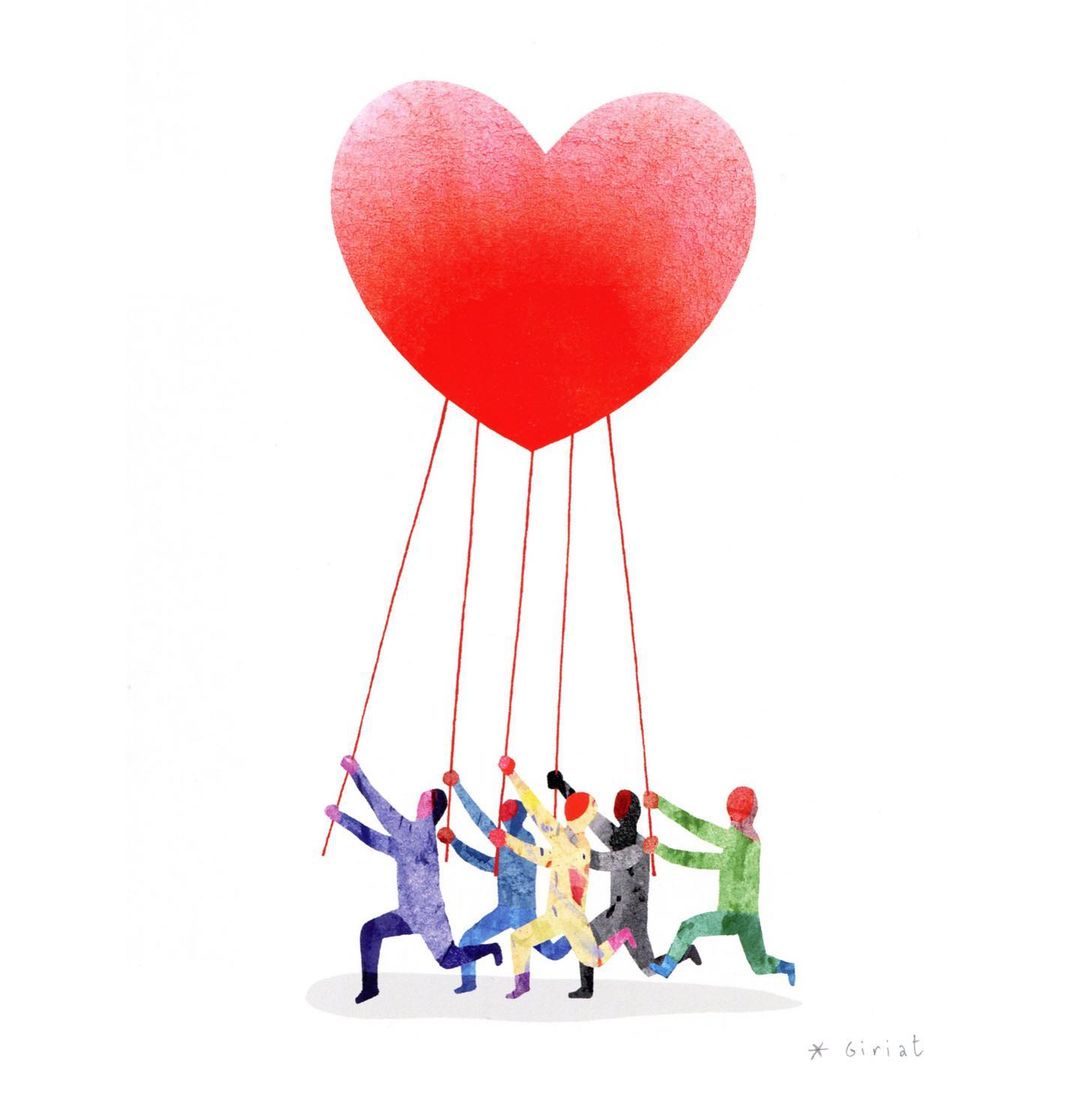 Illustration of a group of people in colorful clothing holding up a large red heart-shaped balloon against a white background.