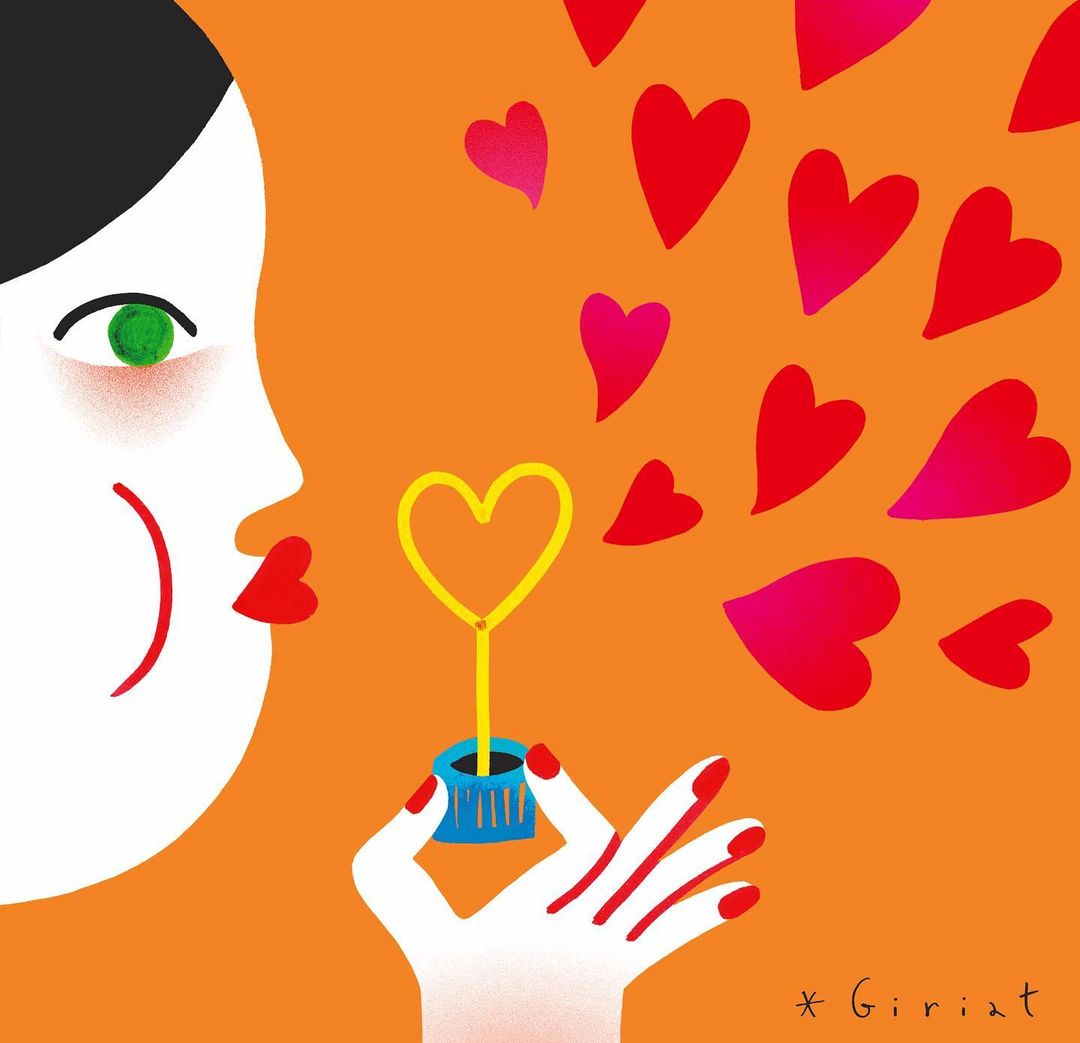 Illustration of a white-skinned person blowing heart-shaped bubbles with a heart-shaped wand against an orange background in a square format.