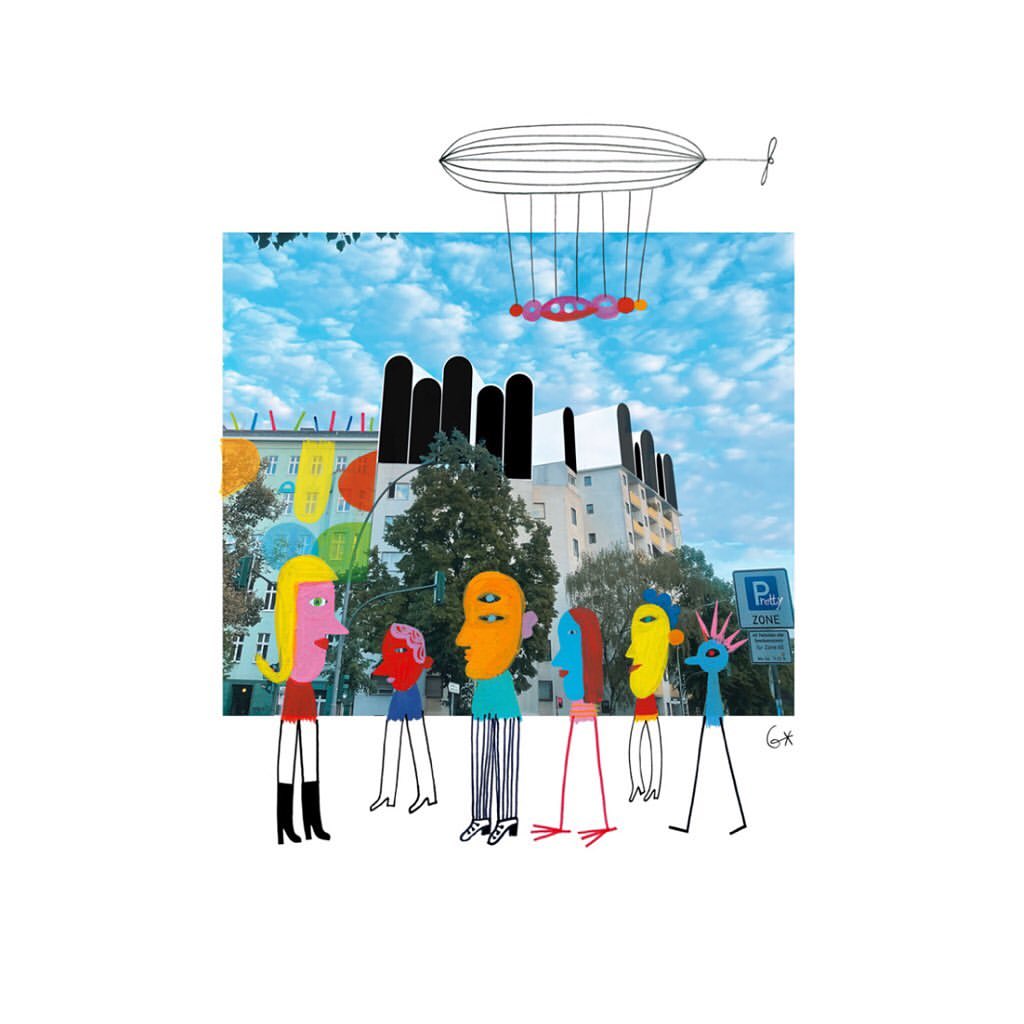 Whimsical illustration featuring cartoonish figures standing before a city building under a whimsical airship in a cloudy sky.
