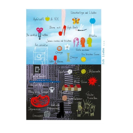 Whimsical collage art features city buildings, text, and various drawings of faces, fashion, and objects, layered on a split blue and black background.