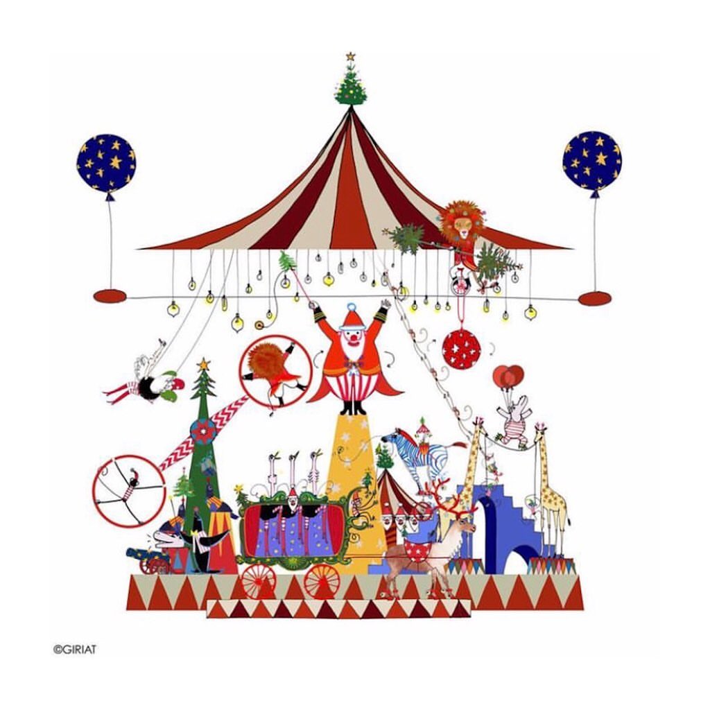 Whimsical illustration of a circus scene with Santa Claus on a pedestal, various animals, and a Christmas tree topping the tent.