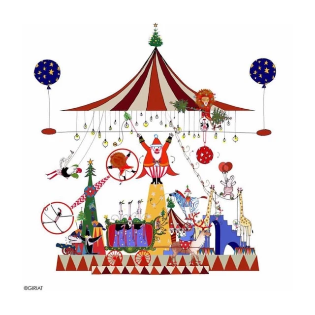 Whimsical illustration of a circus scene with Santa Claus on a pedestal, various animals, and a Christmas tree topping the tent.