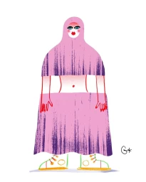 Digital illustration of a stylized figure wearing a pink hooded garment and skirt with textured purple shading against a white background