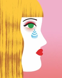 Digital illustration profile portrait of a woman with long yellow hair and a blue teardrop under her eye.