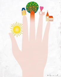 Digital illustration by Eric Giriat of an open hand balancing icons including a sun, house, tree, heart, and church on its fingertips.