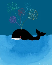 Illustration of a black whale blowing colorful dotted fireworks from its blowhole in a blue ocean.