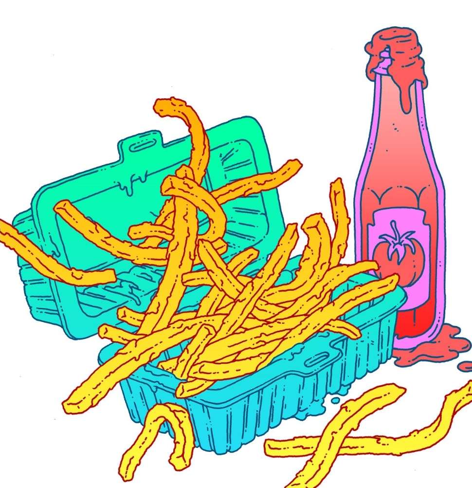 Illustration of french fries spilling out of a take-out container, with ketchup bottle on a plain background in a cartoon style.