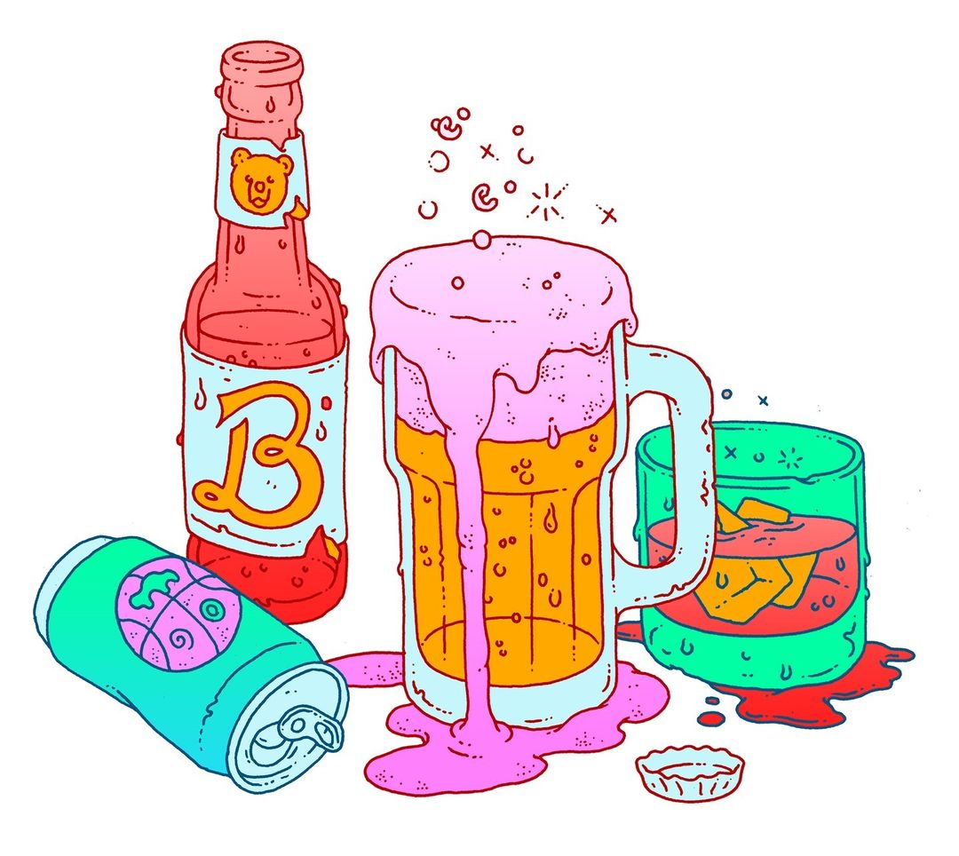 Illustration of a bottle, can, and two glasses filled with colorful drinks. A whimsical, cartoon-like drawing with pink foam.