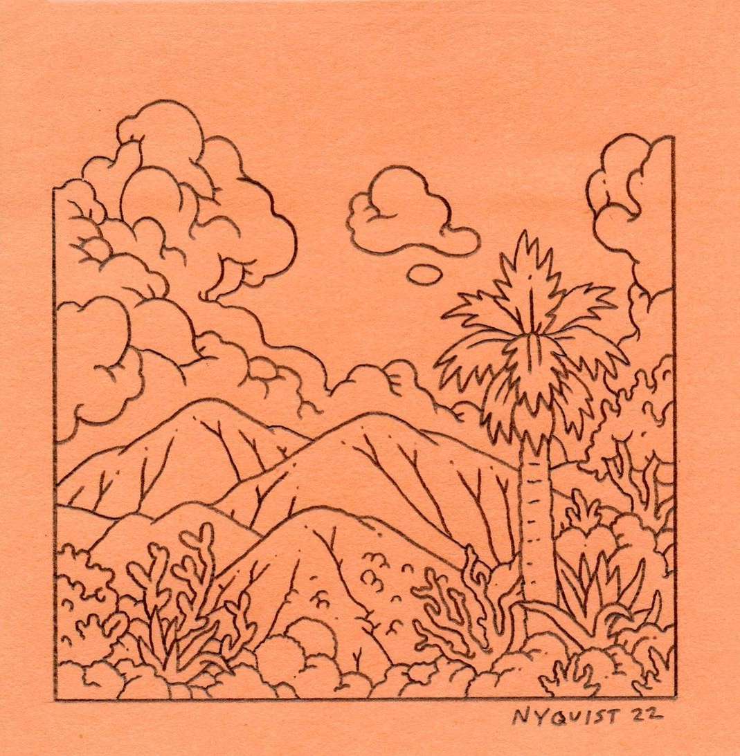 Line art illustration of a tropical island landscape featuring mountains, palm tree, coral, and clouds, set against an orange background.
