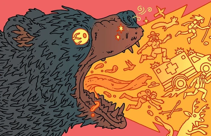 Illustration of a cartoon bear with a large open mouth showing various figures running away from it in a stylized scene.