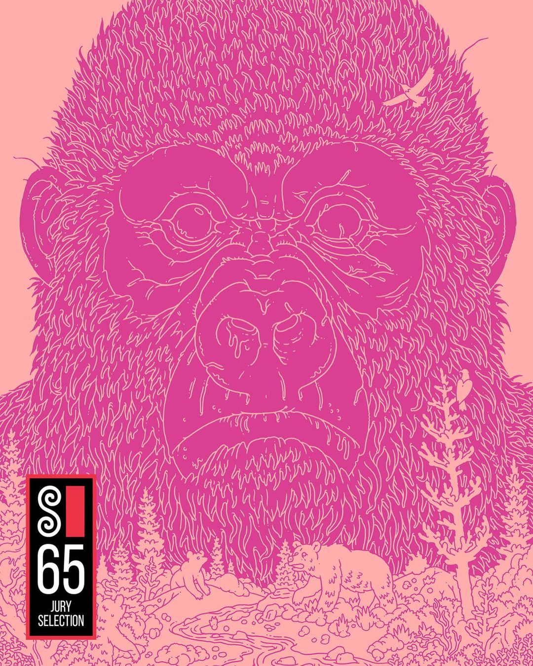 Illustration of a pink gorilla with a detailed fur texture, set against a light pink background with wildlife and trees.