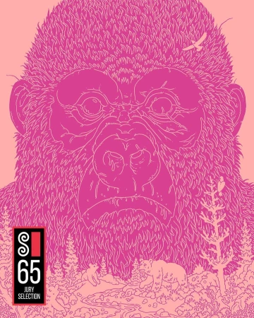 Illustration of a pink gorilla with a detailed fur texture, set against a light pink background with wildlife and trees.