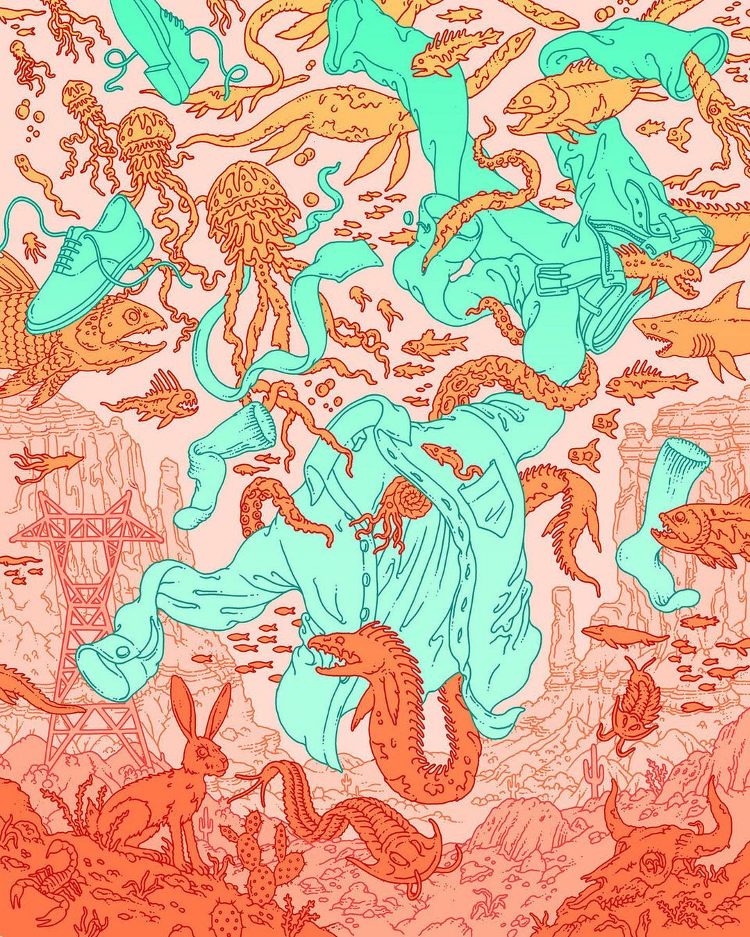 Whimsical illustration featuring floating clothes, shoes, and sea creatures over a desert landscape with cacti and mountains.