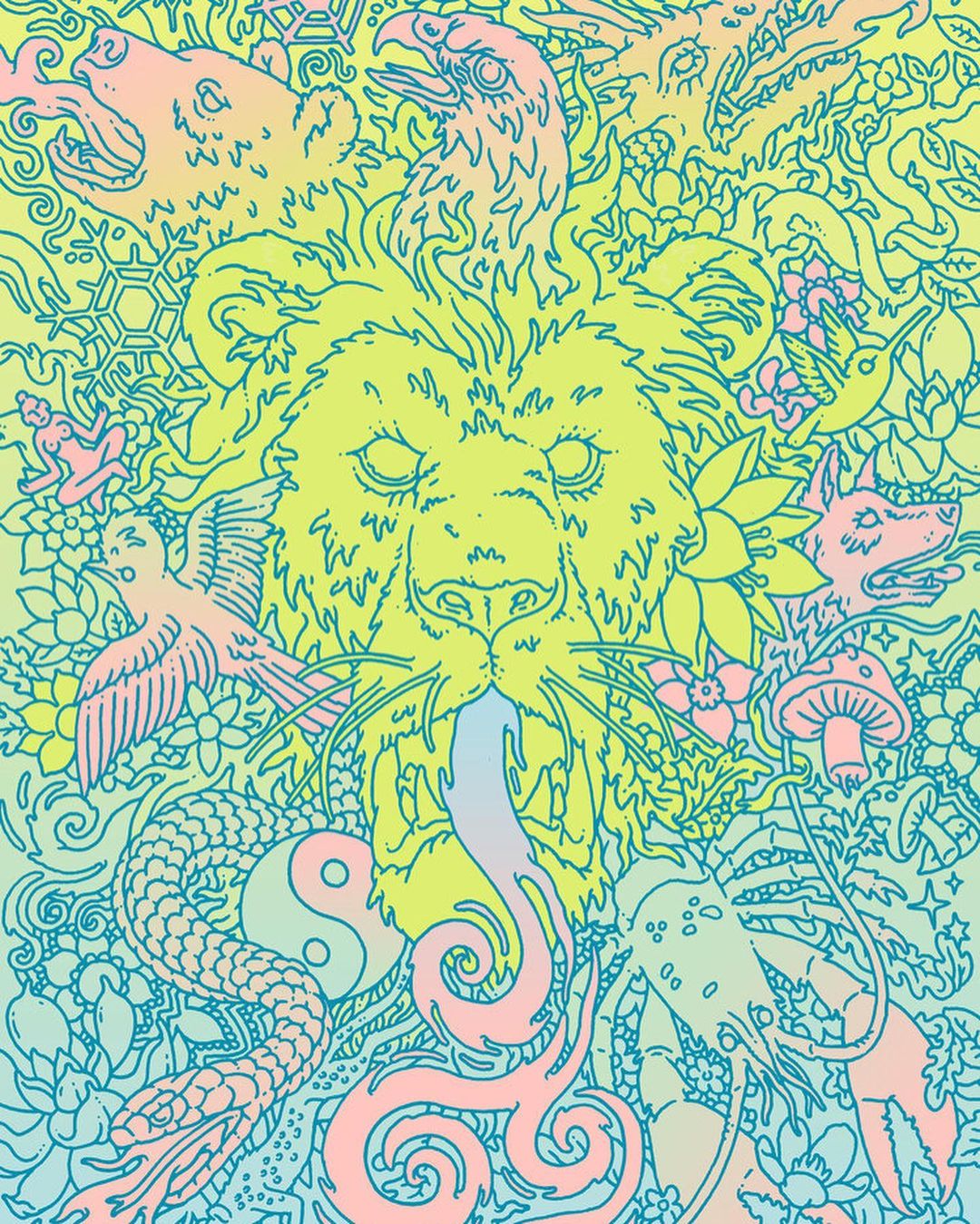 Detailed outline drawing of a lion's head surrounded by various animals, plants, and other design elements in yellow and teal hues.