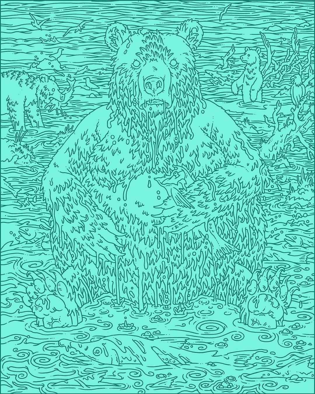 Illustration of a large, dripping bear holding a bird, with smaller bears and birds in the background, all in shades of turquoise.