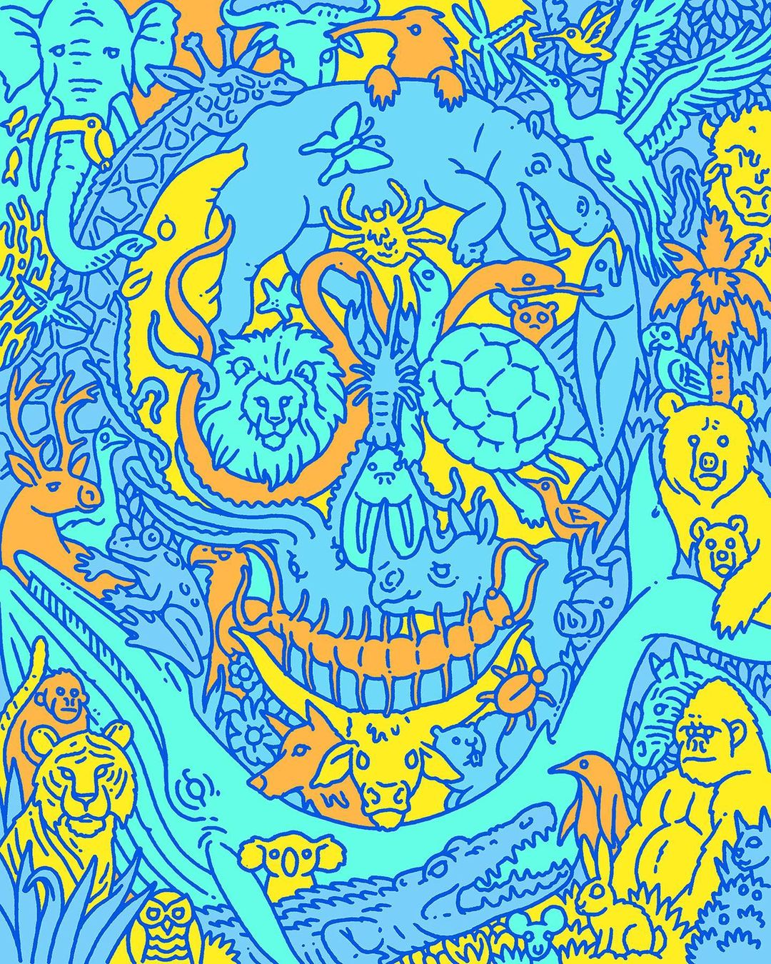 Colorful doodle art featuring a variety of animals including mammals, reptiles, and birds, set against a blue and yellow background.