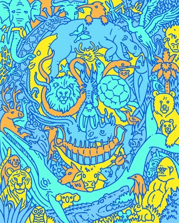 Colorful doodle art featuring a variety of animals including mammals, reptiles, and birds, set against a blue and yellow background.