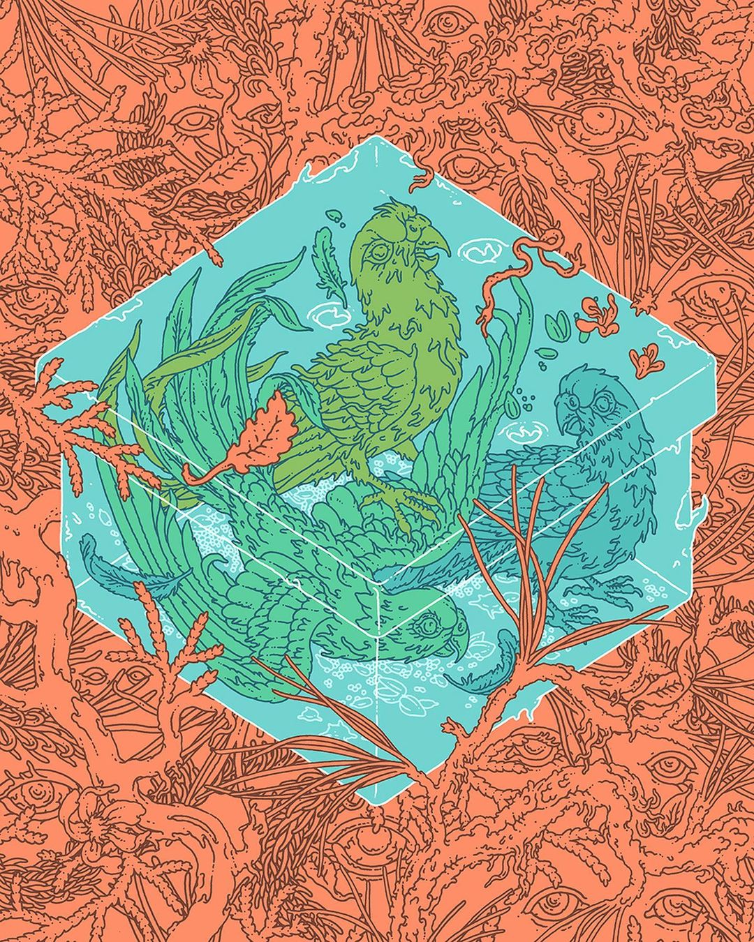 Intricate vector art illustration of a green parrot rendered inside of a geometric cube, over a coral and eye pattern background.