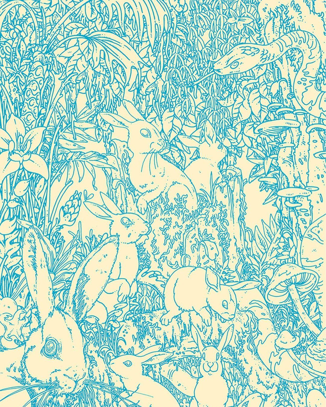 Illustration of rabbits, snake, and mushrooms among plants with turquoise outlines on a beige background. Nature-themed design.