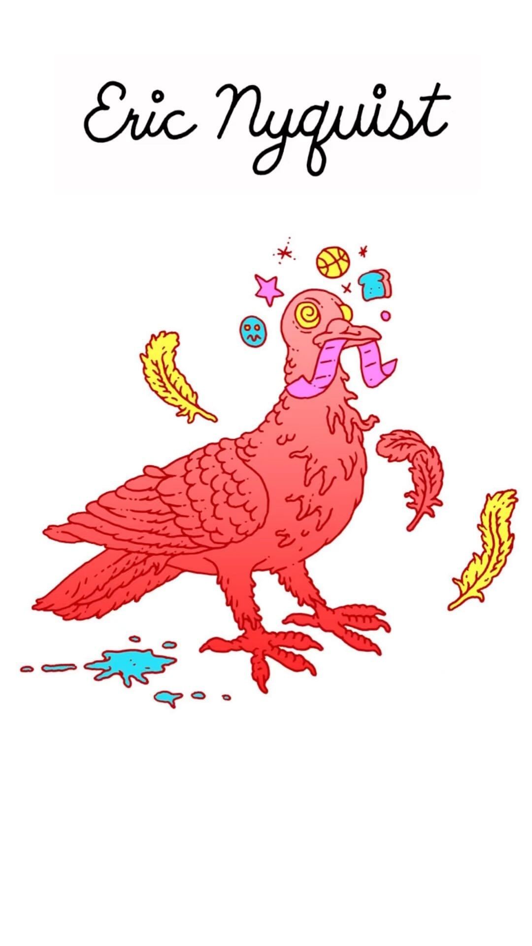 Whimsical digital illustration of a red pigeon with assorted floating objects near its head on a white background with title text.