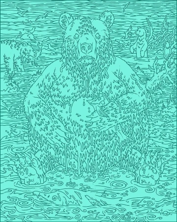 Monochrome teal ink illustration of a large grizzly bear standing in water surrounded by smaller bears and fish.