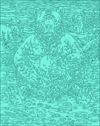 Monochrome teal ink illustration of a large grizzly bear standing in water surrounded by smaller bears and fish.