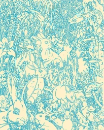 Detailed ink illustration featuring multiple rabbits and a snake amidst dense jungle foliage and mushrooms