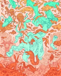 Detailed surreal illustration by Eric Nyquist featuring turquoise clothing, orange sea creatures, and desert landscape elements.
