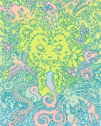 Detailed vector illustration by Eric Nyquist featuring a central lion head surrounded by animals, flowers, and psychedelic patterns in pastel tones.