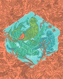 Detailed vector illustration featuring green birds inside a transparent isometric cube surrounded by intricate orange flora.