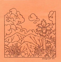Ink line illustration of a desert landscape with mountains, palm tree, and cacti on orange paper by Eric Nyquist.