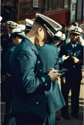 Man in military service dress uniform and peaked cap looking down at smartphone outdoors