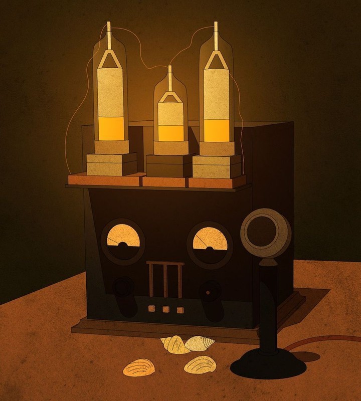 Illustration of a vintage radio with tubes and a microphone sitting on a table alongside several seashells in warm lighting.