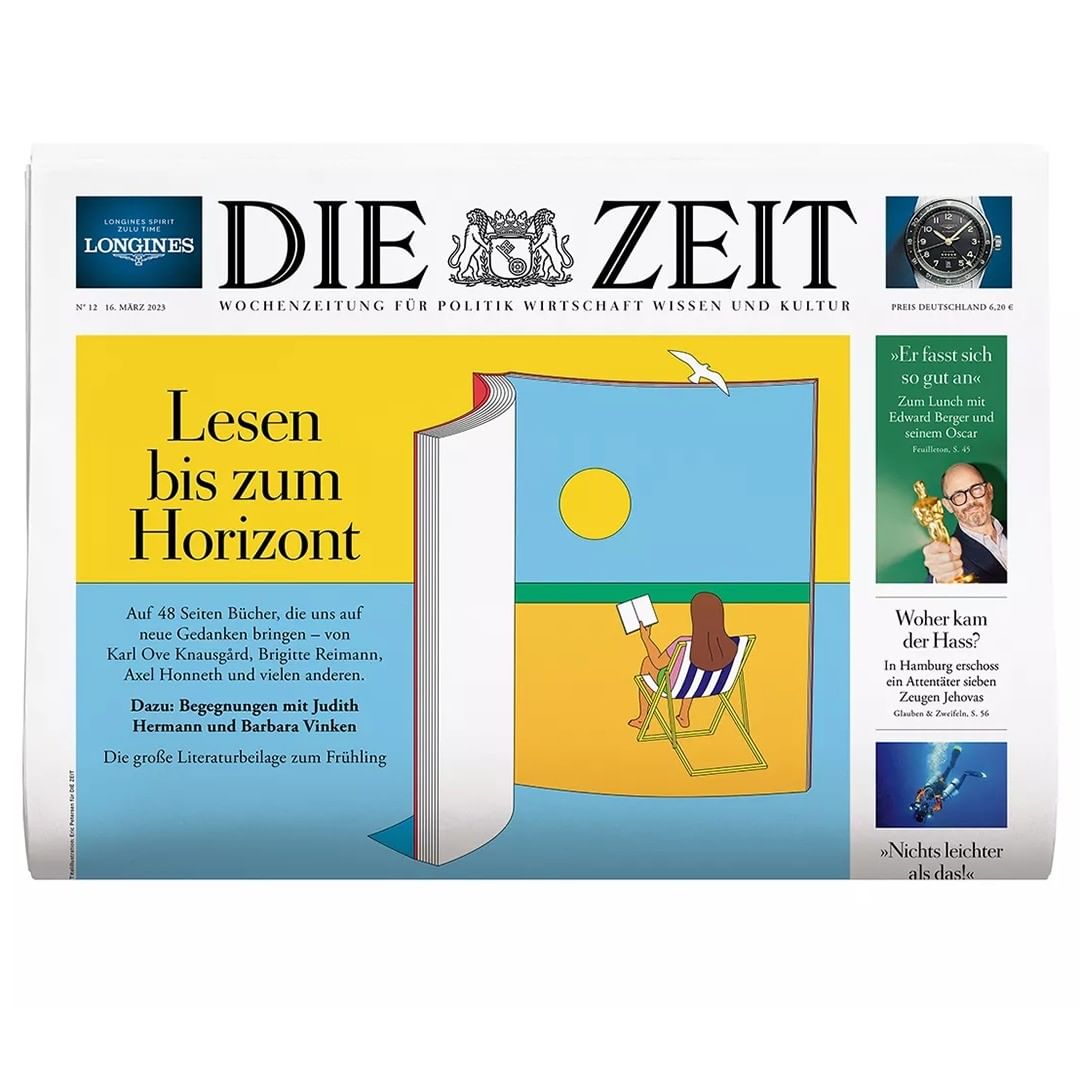 Die Zeit newspaper cover features an illustration of a woman reading by the sea framed by an open book, conveying a literary and summery theme.