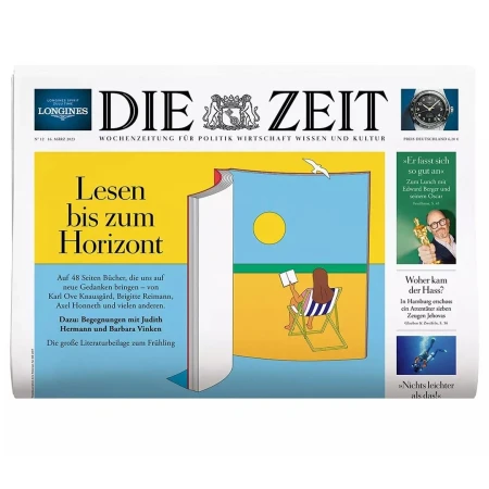 Die Zeit newspaper cover features an illustration of a woman reading by the sea framed by an open book, conveying a literary and summery theme.