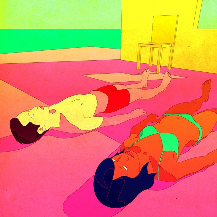 Illustration of a man and woman sunbathing on a pink surface indoors, with a yellow chair against a green and yellow wall.