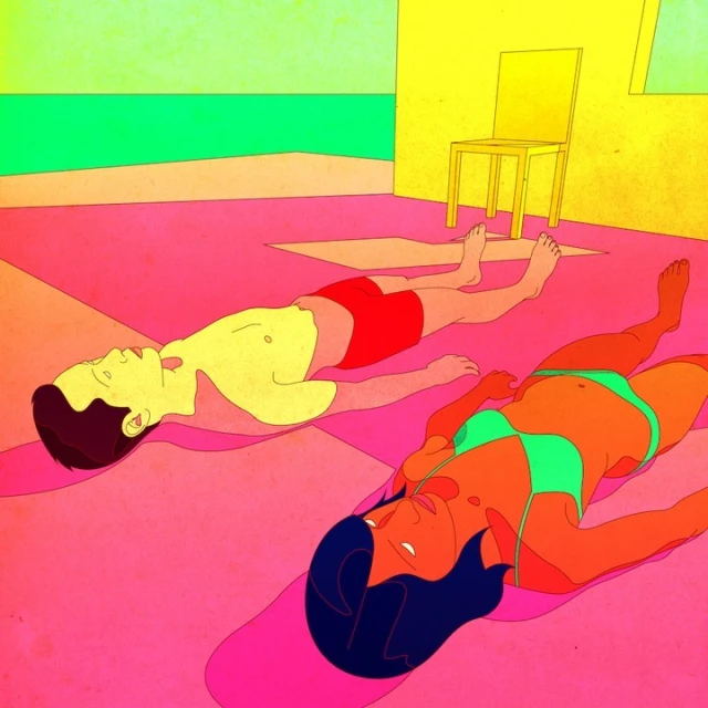Illustration of a man and woman sunbathing on a pink surface indoors, with a yellow chair against a green and yellow wall.