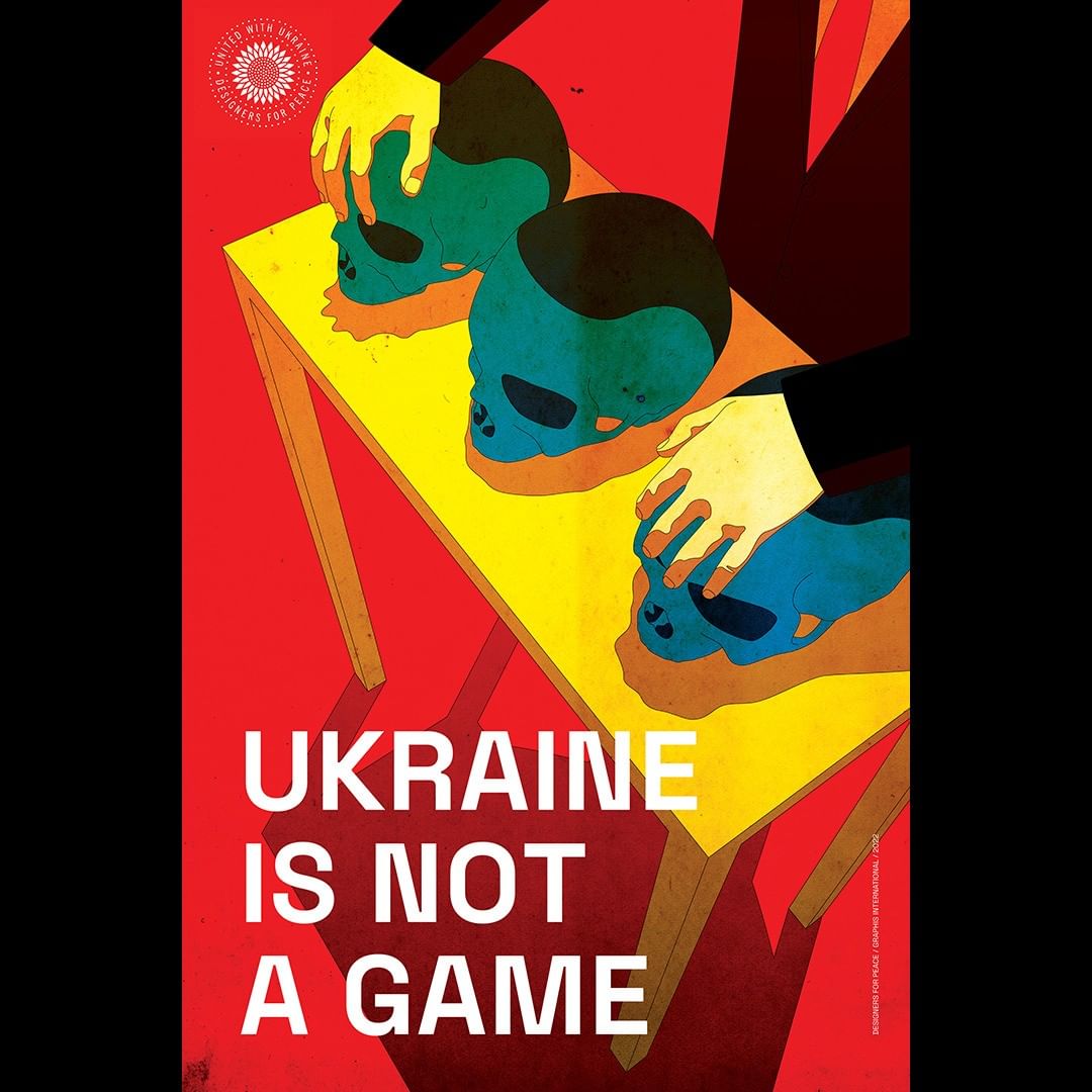 Illustrative poster art featuring three skull-like objects on a yellow table, with hands above, set against a red background with bold text.