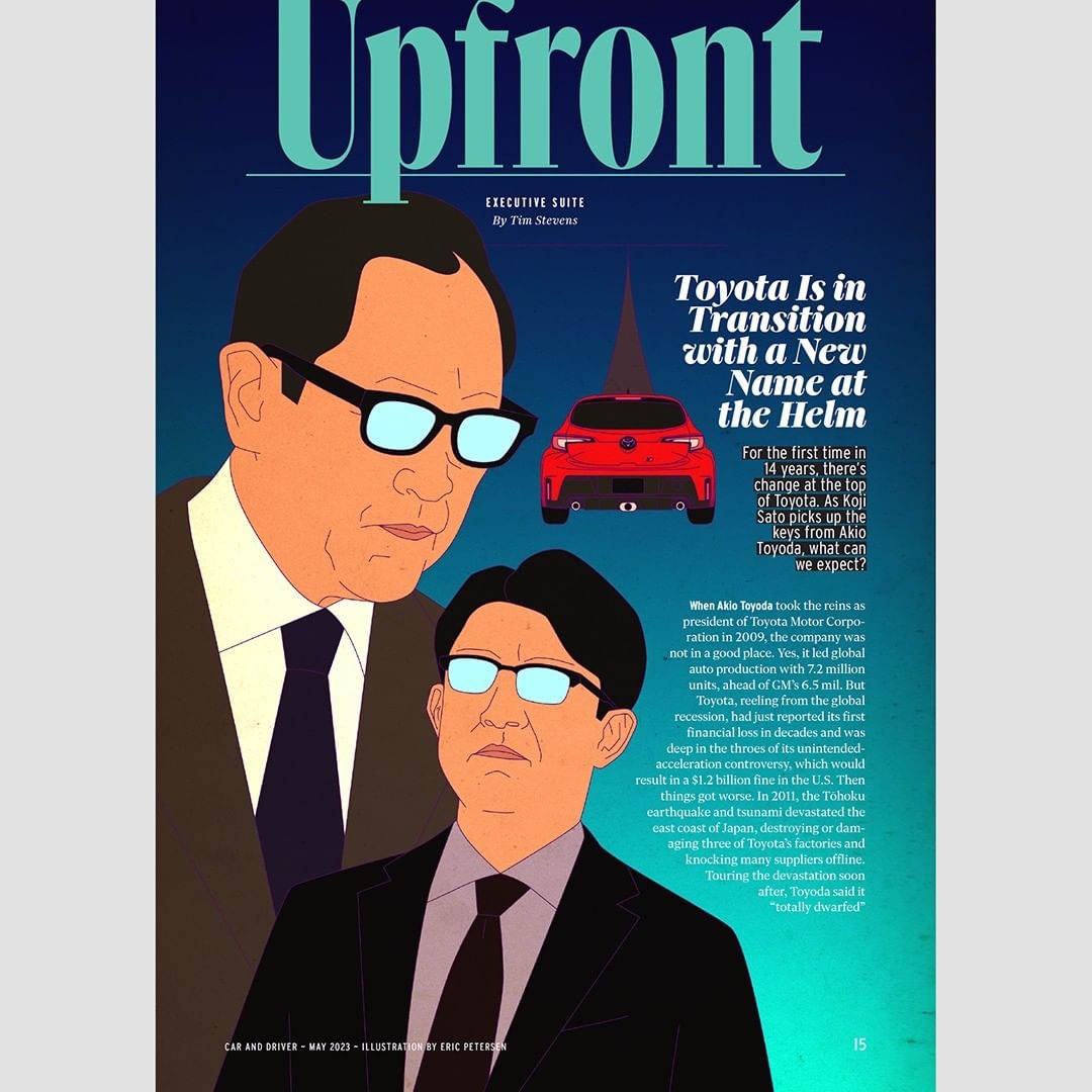 Illustration of magazine cover featuring two men in suits and a red Toyota car. 'Upfront' and 'Toyota Is in Transition' are the headlines.