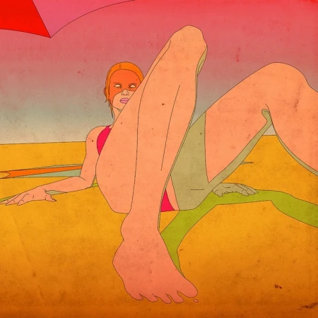 Illustration of a fair-skinned adult female in a pink bikini, reclining on a yellow beach under a pink umbrella, with a sea view.