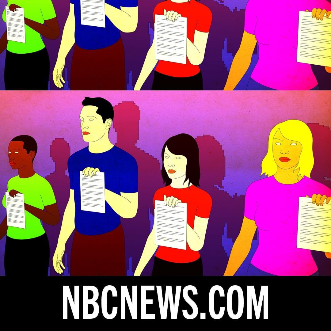 Illustration of people of diverse ethnicities holding documents, in a graphic style with a purple background, and NBCNEWS.com at the bottom.