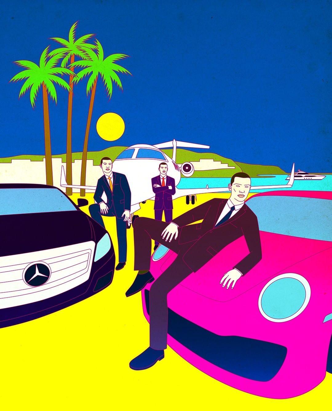 Illustration of three men in suits with cars and a private jet against a bright blue sky with palm trees and a yellow sun.