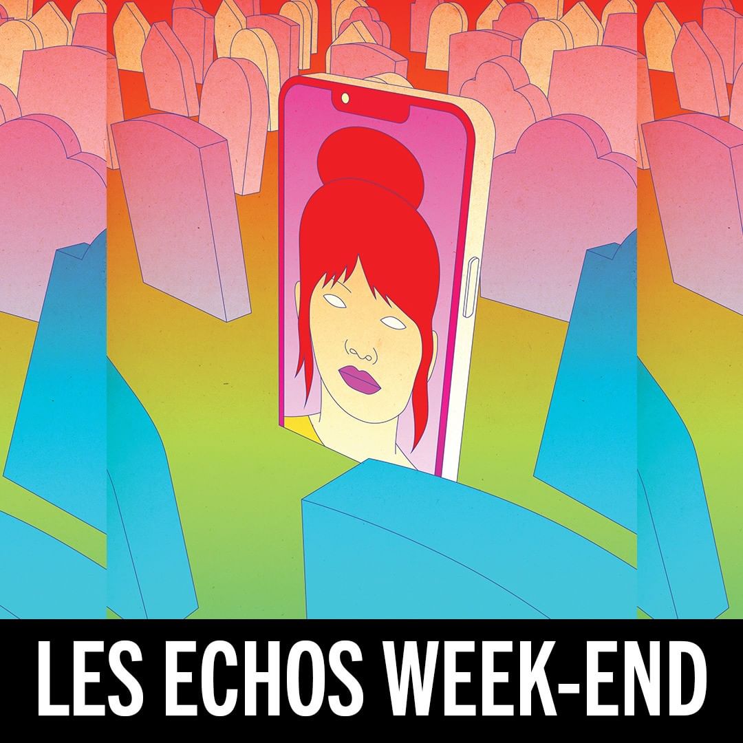 Stylized illustration shows a cellphone screen with a red-haired woman portrait among gravestones, with 'Les Echos Week-End' text below.