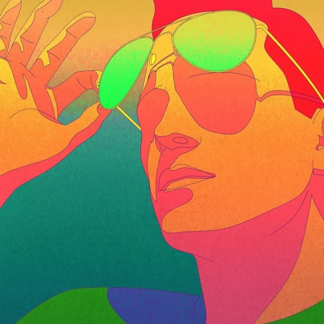 Stylized portrait of a person wearing aviator sunglasses with hand adjusting frames, executed in vibrant, outlined illustration.