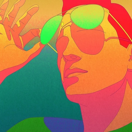 Stylized portrait of a person wearing aviator sunglasses with hand adjusting frames, executed in vibrant, outlined illustration.