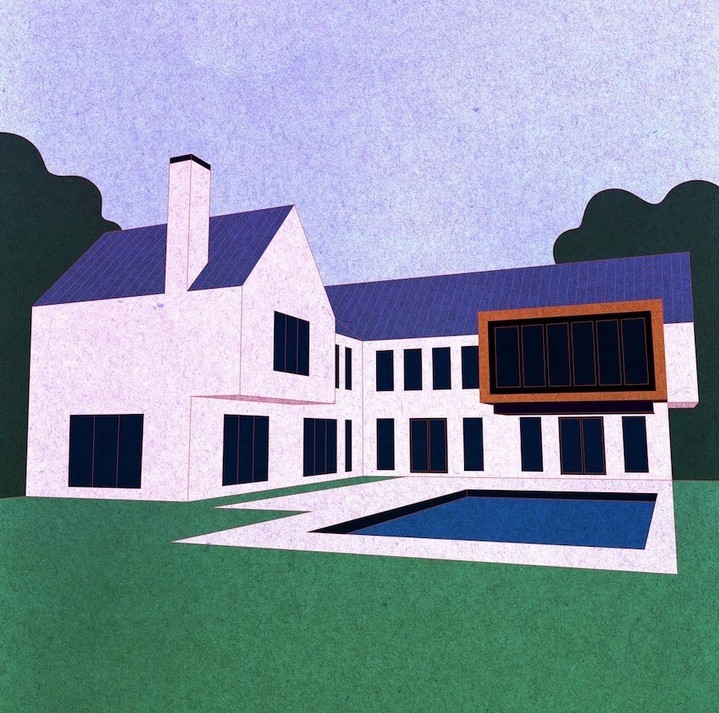 Illustration of a modern white house with a blue swimming pool in the backyard and surrounded by a green lawn and trees.