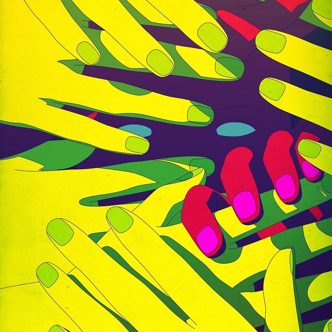 Colorful, graphic art showing multiple hands in yellow, red, and green interacting, with fingers and fingernails visible against a dark background.