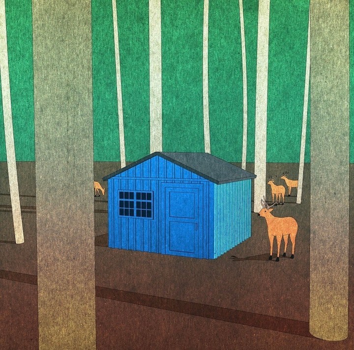Illustration of blue shed in a forest with deer standing in front of trees, creating a whimsical and enchanting outdoor scene.