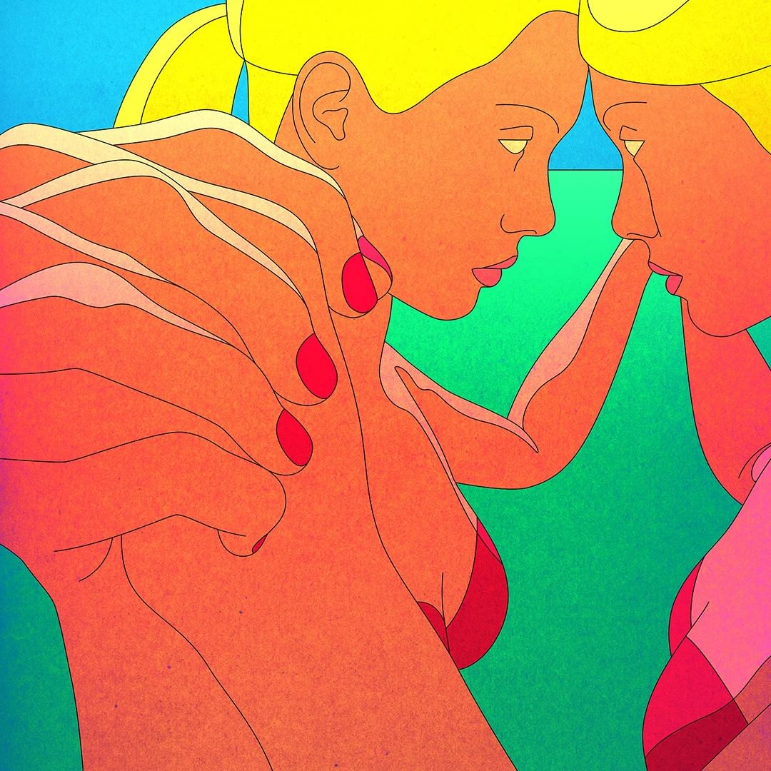 Illustration of two blonde women facing each other with an orange-toned hand in foreground, set against a blue and green background.